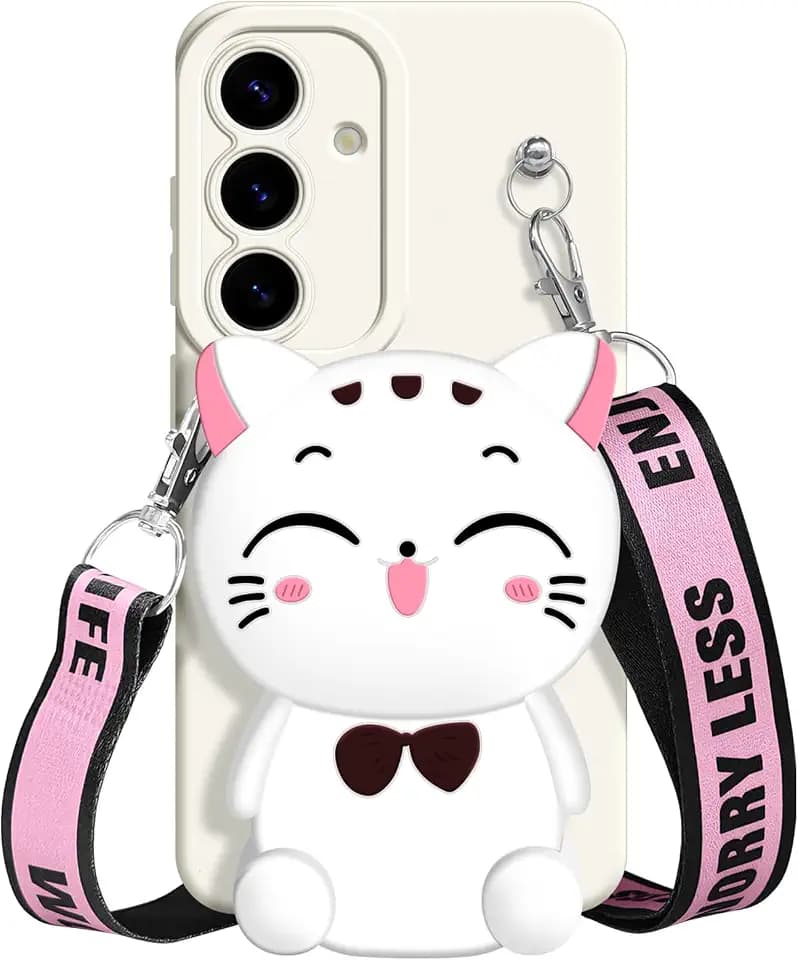 for Samsung Galaxy A17 5G Case, Cute Pink Lucky Cat Coin Purse Fancy Phone Case for Women Girls with Crossbody Strap Kawaii Soft Silicone Cover for Galaxy A17 5G
