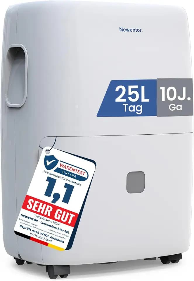 Newentor Luftentfeuchter elektrisch 25L plus, Entfeuchter elektrisch keller, Raumentfeuchter elektrisch, Dehumidifiers for home für 215m³/80m², mit Timer, Filter und 1M Ablaufschlauch, 10 J. Gar.