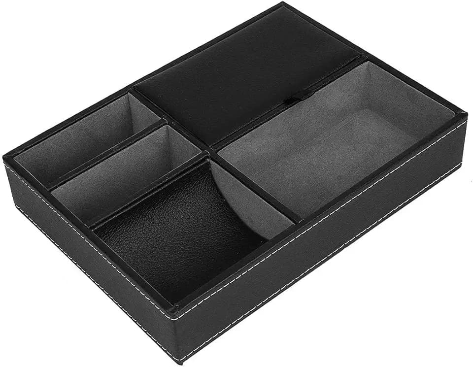 Leder Valet Tablett, Schwarz Leder Nachttisch Organizer Box Büro Schreibtisch Aufbewahrungsbox aus Kunstleder für Schlüssel, Telefon, Geldbörse, Münzen, Schmuck und mehr, 25x19cm