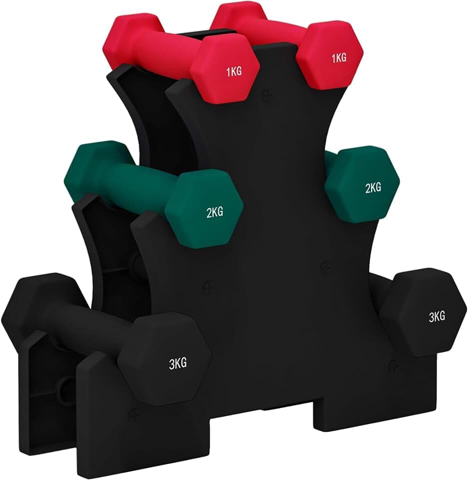 SPORTNOW Kurzhantel-Set, sechseckig, insgesamt 12 kg, inkl. Hantelhalterung, für Krafttraining, 6 Hanteln, 2 x 1 kg, 2 x 2 kg, 2 x 3 kg