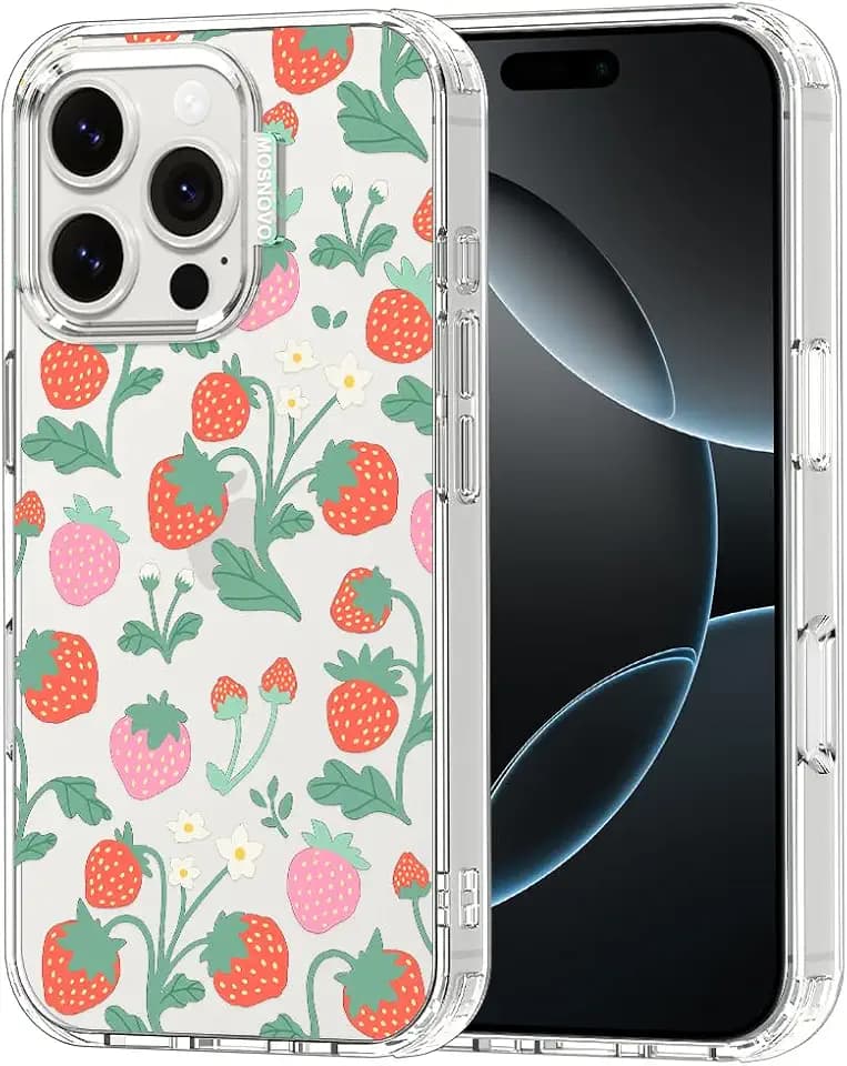 MOSNOVO Case for iPhone 16 Pro, [Buffertech 6.6ft Military-Grade Drop Protection] [Anti Peel Off Tech] Clear TPU Bumper Phone Case Cover Design - Strawberry Garden