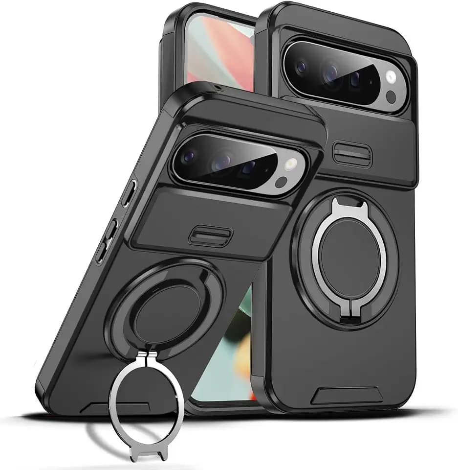 Dteck for Google Pixel 10/10 Pro Magnetic Case 6.3" 2025, with Rotating Ring Stand, Slide Camera Lens Cover, Compatible with MagSafe Accessories, Protective Shockproof Lightweight Slim Cover, Black