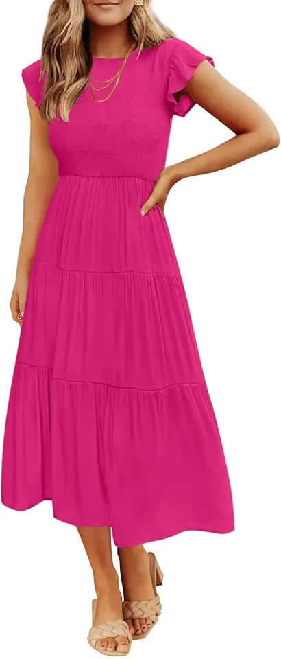 ZESICA, Midikleid für Damen, sommerlich 2025, mit kurzen Volantärmeln, Rundhalsausschnitt, elastischer Smoktaille und stufigem Rock – leger und bequem für warme Tage