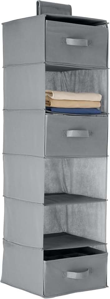 Amazon Basics Hängeaufbewahrung für den Schrank Wandschrank mit 3 entfernbaren Schubladen, 6 Regale, Grau, 17.5 cm D x 34.5 cm W x 31 cm H