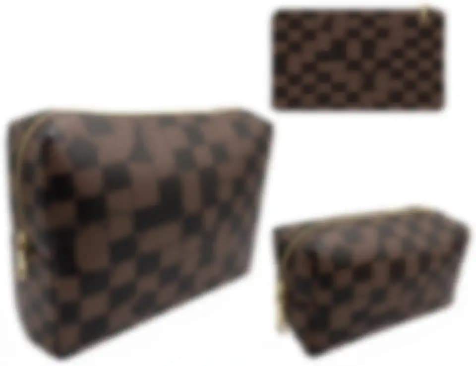 bopomofo Large Brown Checkered Makeup Bag 3 Pack - Travel Makeup Organizer with Brush Holder & Coin Purse, Waterproof PU Leather Cosmetic Storage Bag Set for Women, Dark Brown Checkered 3 Pcs
