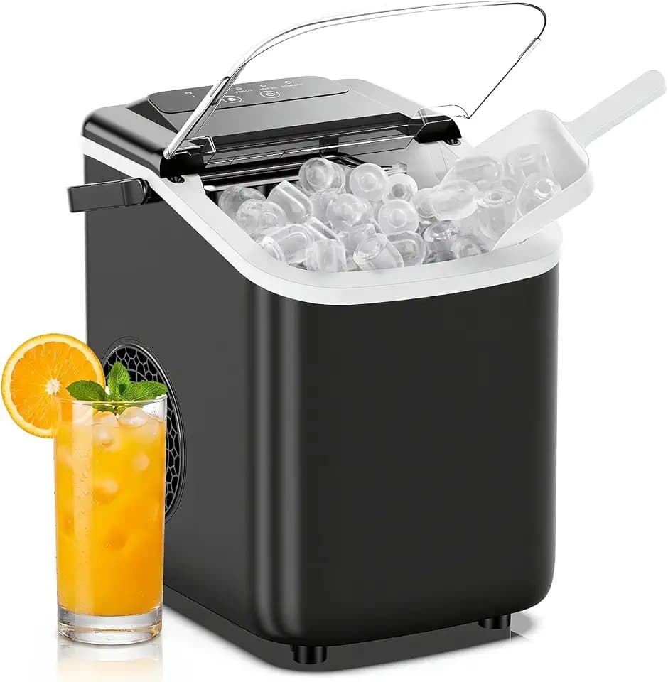 DUMOS Ice Maker Countertop, Ice Machine with Portable Handle, Basket and Scoop, 26lbs Daily, 9 Bullet Cubes in 6-8 Mins, Auto-Cleaning for Home, Kitchen, Office, Outdoors, RV Camping