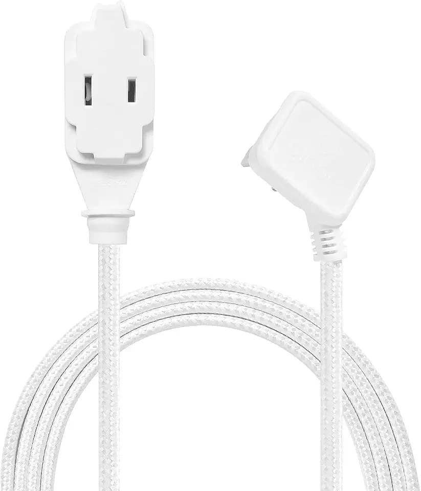 Globe Electric 22811 9ft Fabric Extension Cord, 3 Polarized Outlets, Right Angle Plug, 125 Volts, White, Safety Cover, Home and Office Decor, Modern Indoor Power Cable, Office, Electronics