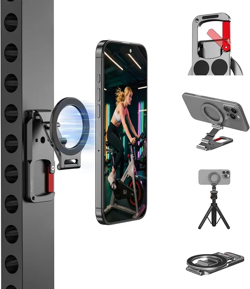 Magnetic Phone Mount for MagSafe, Maglock Tripod Adapter Magnet Golf Gym Workout Stand Metal Carabiner Dual Holder with 1/4 Screw Hole, for iPhone 18 17 16 15 14 Series Foldable Portable Accessories