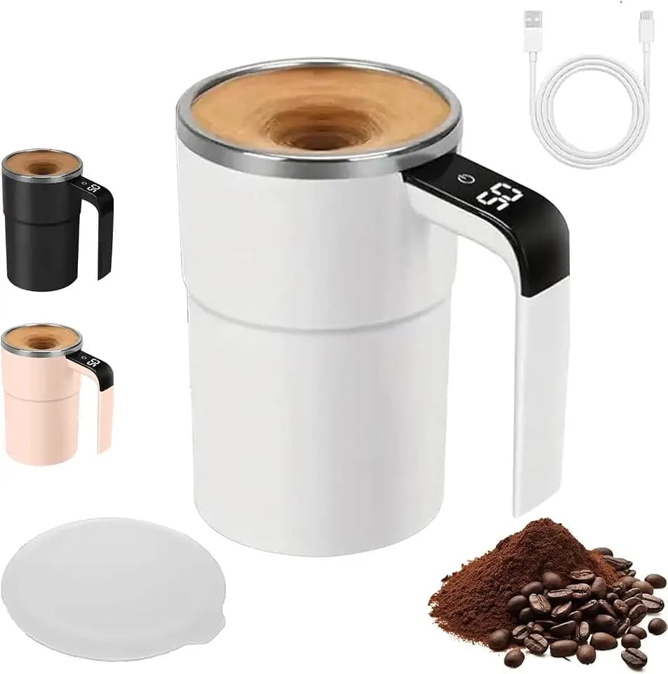 Selbstrührende tasse 380ml Selbstrührende Tasse mit Temperaturanzeige Intelligente Kaffeetasse mit Deckel Selbstumrührende Kaffeetasse Becher mitRührfunktion Thermobecher Smart Mug. (Weiß)