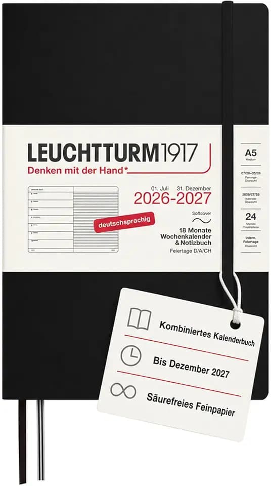 LEUCHTTURM1917 Wochenkalender 2027 A5 mit Notizbuch, liniert - Terminplaner Deutsch, 18 Monate Juli 2026 - Dezember 2027, Schwarz, Softcover, 210 x 145 mm, Wochenübersicht links + Notizseite rechts