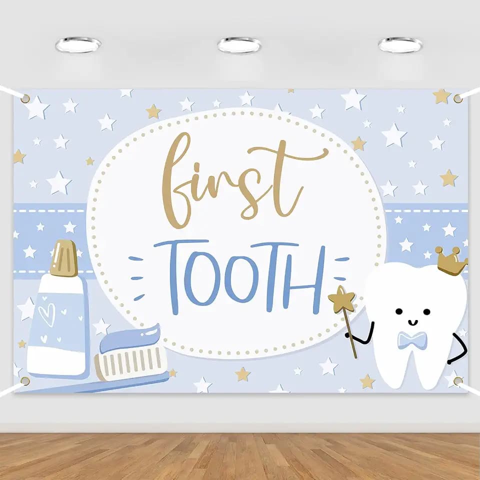 My First Tooth Backdrop Cute Tooth Photography Background Cloth Blue Stars 1st Birthday Tooth Celebration Party for Boys Dentist Teeth Themed Dental Party Supplies Photo Booth Props 5x3ft