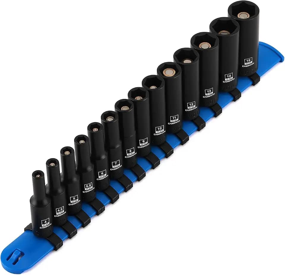 CASOMAN 14PCS 1/4"Drive Magnetic Impact Socket Set, Deep, 6-Point, Metric, 4mm to 15mm, CR-MO