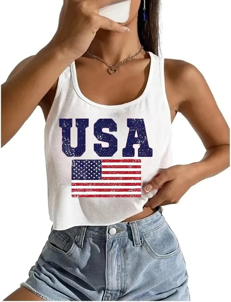 Women's Sexy American Flag Crop Tank 4th of July Patriotic Sleeveless Tee Tops