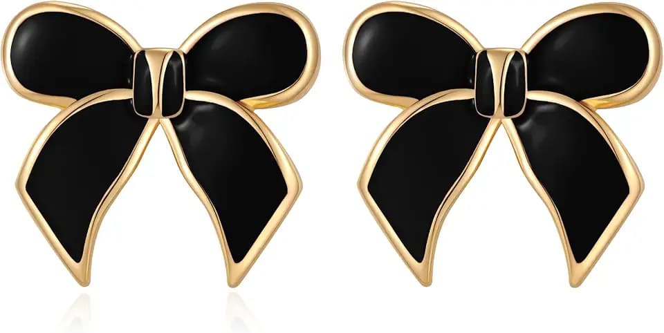 YUJIE Gold Bow Earrings for Women Black Bowtie Drop Stud Trendy Statement Jewelry Gift