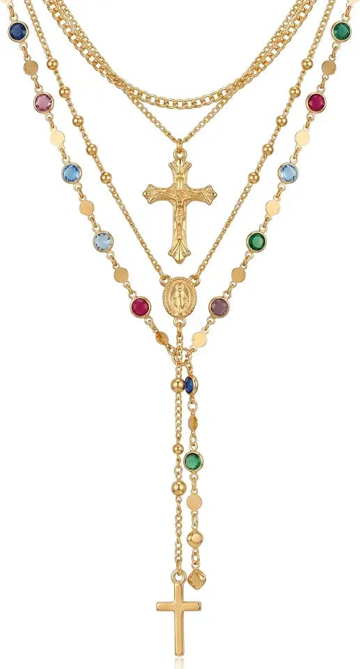 Colorful Rhinestone Layered Cross Necklace for Women Y Drop