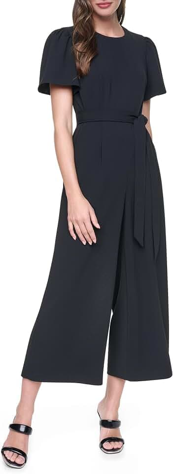 DKNY Women's Short Sleeve Jewel Neck Scuba Crepe Cropped Jumpsuit