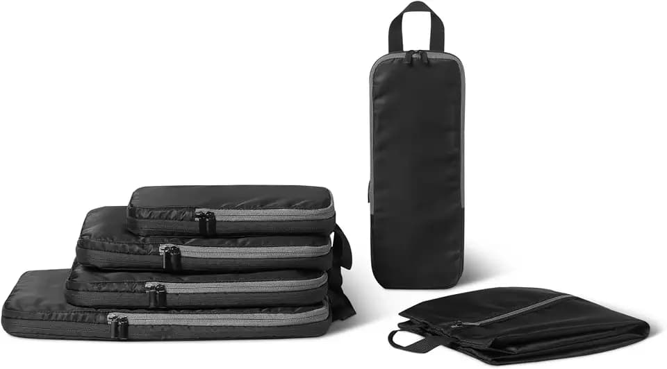 Amazon Essentials Packwürfel Kompression, Ultraleichte Organizer mit Reißverschluss, Recyceltes rPET, 6er-Pack, Schwarz, für Reisen