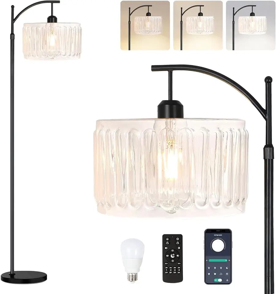 ILLMTW Arc Floor Lamp for Living Room,Bedroom,Glass Standing Lamp with Remote Dimmable,Mid Century Modern White Tall Floor Lamps Boho Black Vintage Floor Light Bohemian