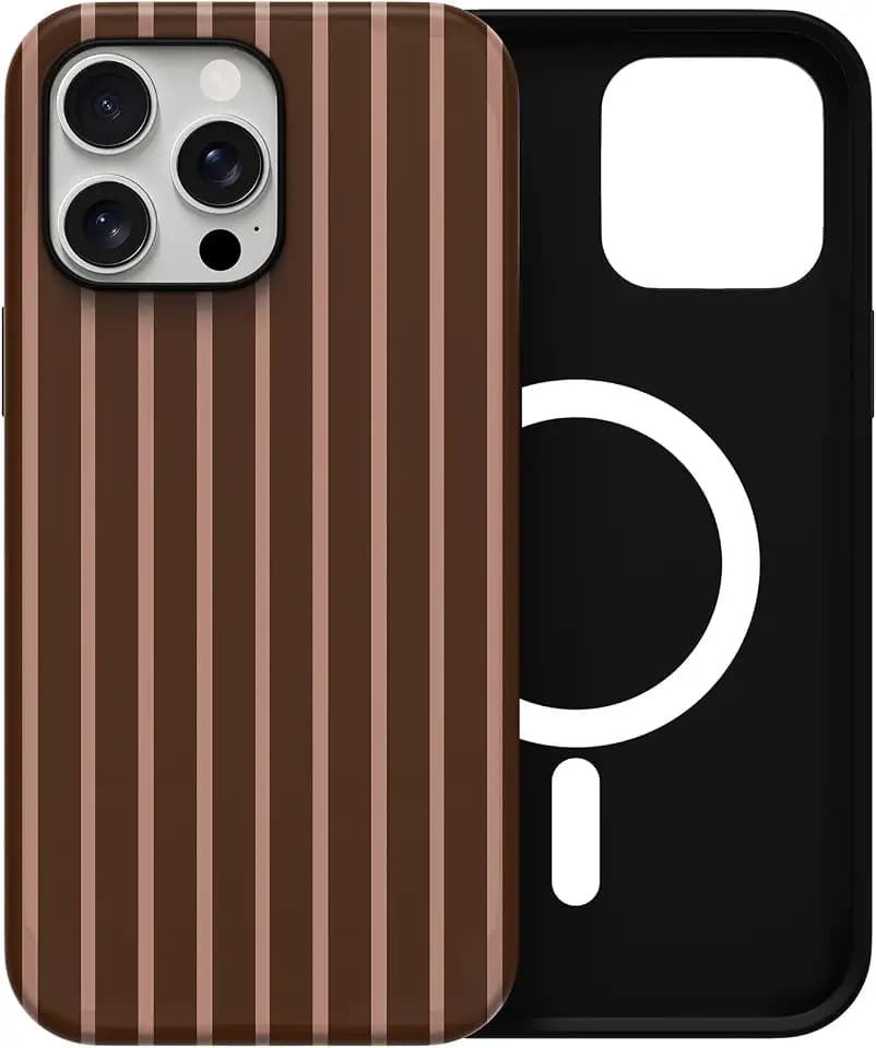 Skyseaco for iPhone 15 Pro Max Case with Magsafe Cute Striped Phone Case, Shockproof Slim Soft TPU and Hard PC Double Layer Protective Cover for Women, Brown