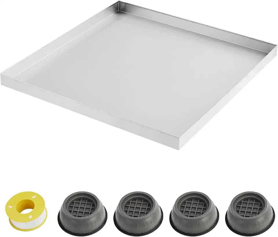 GarveeTech 27 in x 25 in Washing Machine Pan for Washer and Dryer, Heavy Duty 304 Stainless Steel Washing Machine Tray with 4 Pcs Anti-Vibration Washing Machine Feet, Washer Pan, No Hole