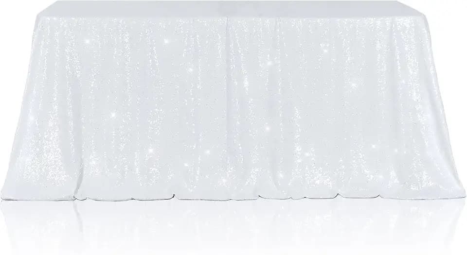 Poise3EHome White Sequin Tablecloth 50×72 Inch Rectangle Sparkly Fabric Table Cover Overlay for Wedding Birthday Party Christmas Holiday Baby Shower Decoration