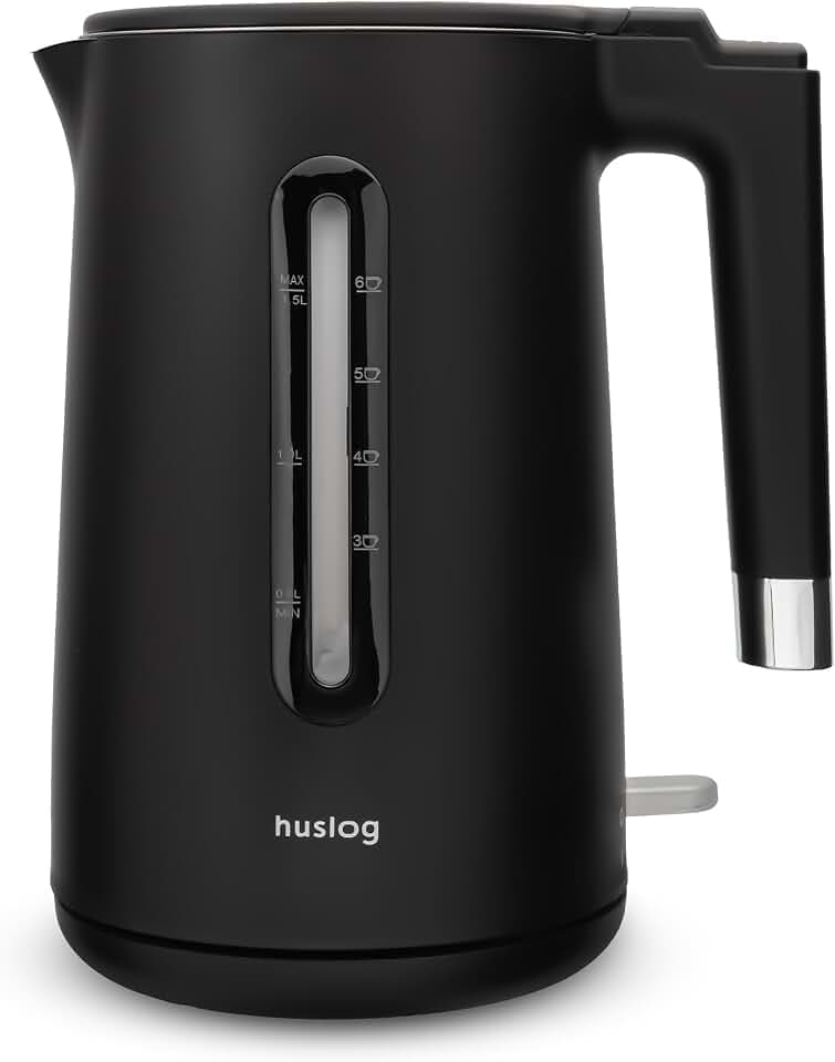 Elektrischer Wasserkocher 1,5L 2200W klassisch Messbecher für Wasser Wasserstand Edelstahl Doppelwandig automatische Abschaltung Schwarz Sicherheit vor Kochen ohne Wasser