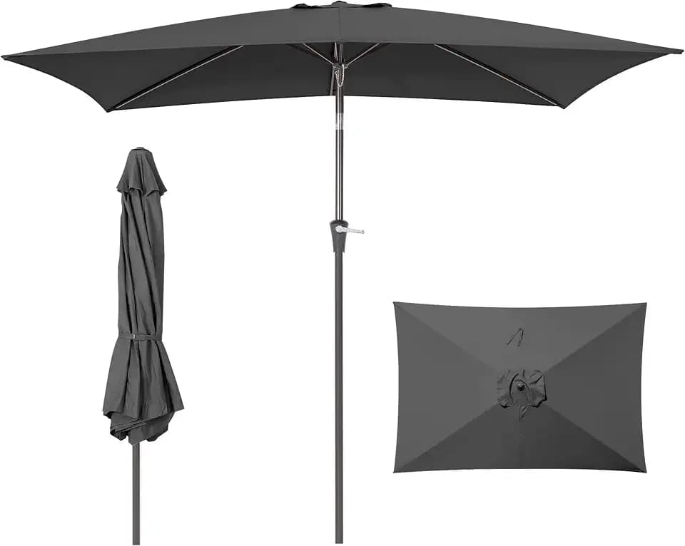 HASLE OUTFITTERS Rectangular Patio Umbrella, 6.5 x 10 ft Rectangle Table Umbrellas w/Heavy Duty Ribs, Effortless Crank and Push Button Tilt, Wind Resistant Sun Umbrella for Outdoor Patio, Gray