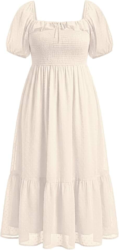 Plus Size Summer Dresses - Swiss Dot Smocked Square Neck Puff Sleeve Boho Maternity Maxi Dress for Baby Shower Wedding Guest
