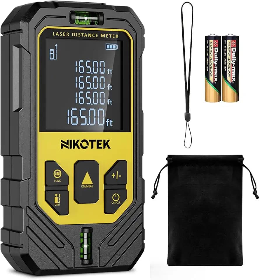 Nikotek Laser Entfernungsmesser, Digitales Laser Entfernungsmesse mit Pythagoras/Abstand/Fläche/Volumen Messungen, M/In/Ft, 2X 1,5-V Batterien, IP54, Schutztasche