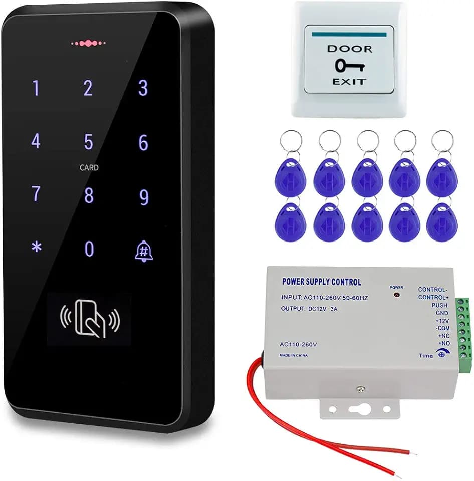 Outdoor Door Access Control System Kit IP68 Waterproof RFID Keypad Card Reader + Power Supply + Door Exit Button +10pcs Keyfobs (Without Lock)