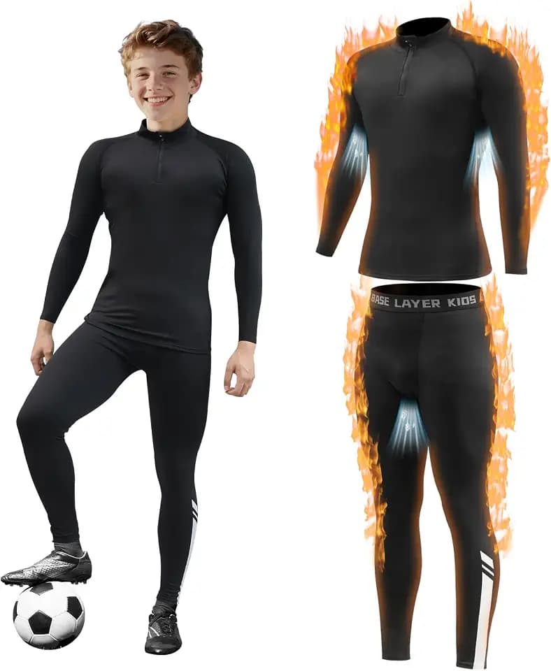 Kinder Thermounterzieh-Set – Kragen-Stil Jungen Fußball Skins & Strumpfhosen Fußball Kompression Set, Doppellagig Atmungsaktiv für Sport, Fußball, Basketball & Ski