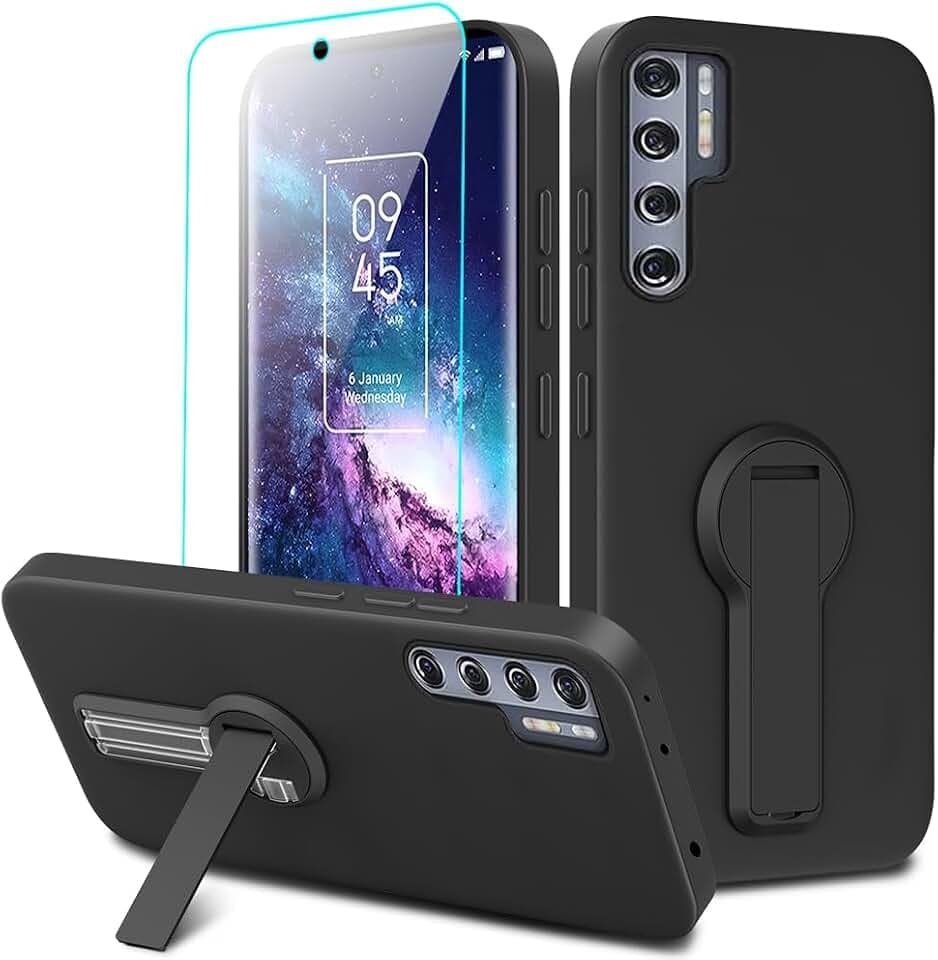 Compatible for TCL 20 Pro 5G Phone Case with Tempered Glass Screen Protector, 360° Rotatable Folding Hidden Kickstand/Stand Silicone TPU Protective Cover Case for TCL 20 Pro (6.67") - Black