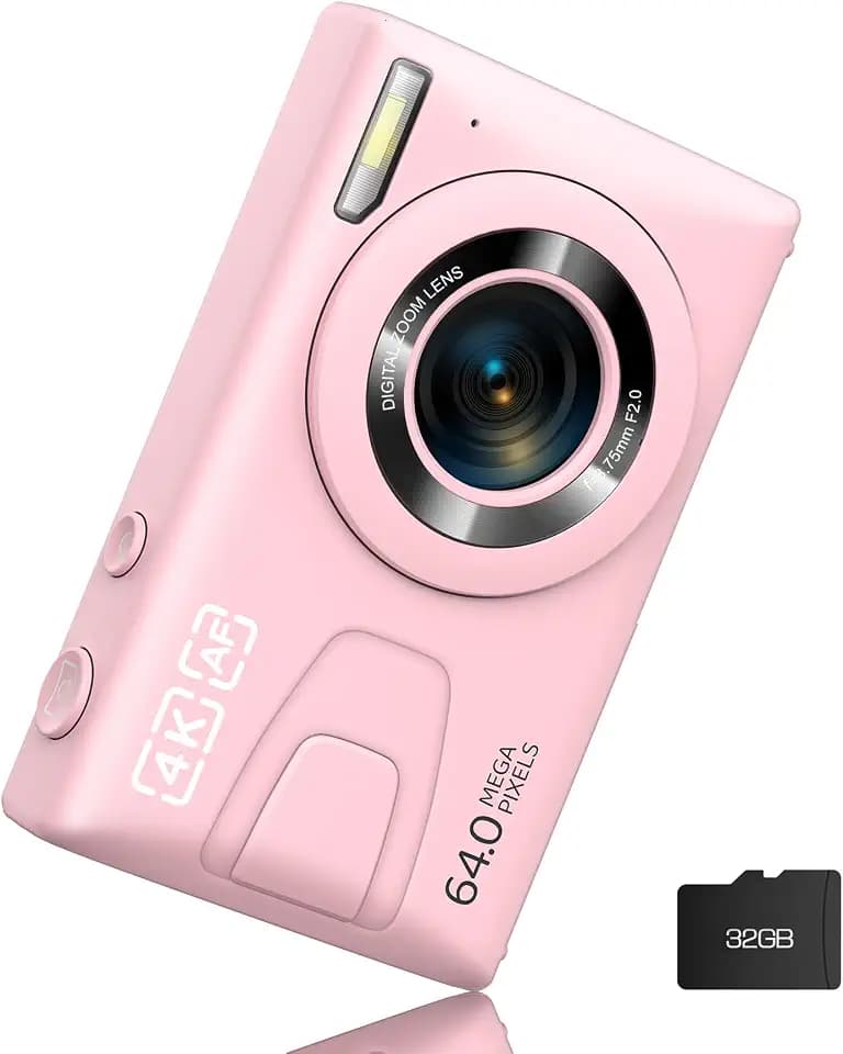 Digital Camera 4K 64MP Vlogging Camera Autofocus Point and Shoot Digital Cameras for Photography Camera for Kid Student Children Teen Girl Boy, 18X, 2 Batteries, 32GB Card, Pink