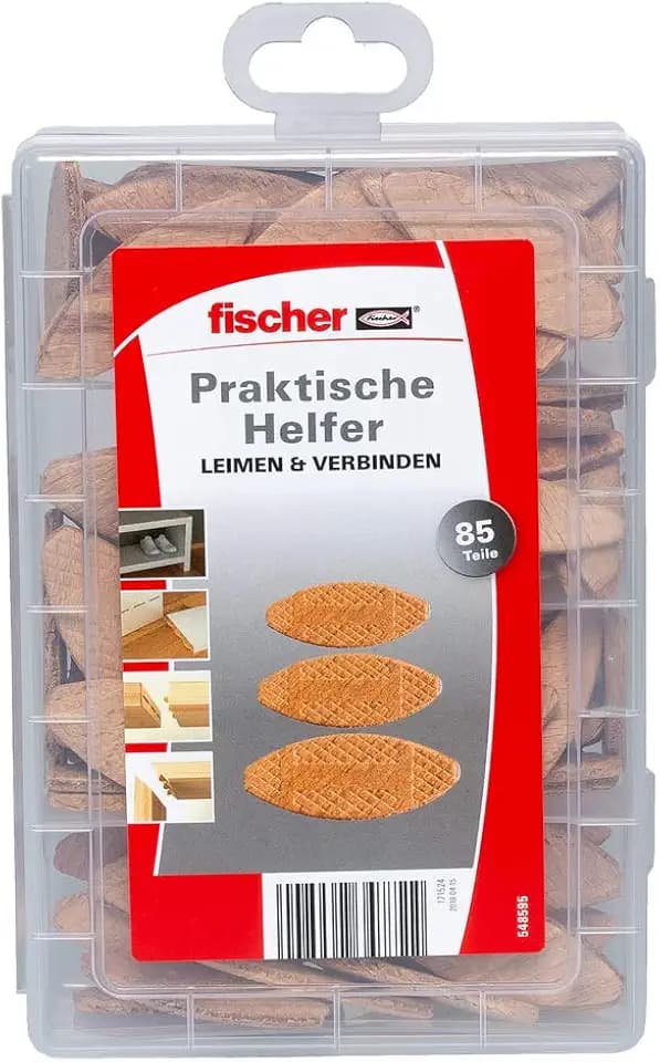fischer Praktische Helfer Leimen & Verbinden, Sortimentbox mit 85 Flachdübeln, Set für sichere Verbindungen von Massivholz, Holzwerkstoffen & Plattenmaterialien