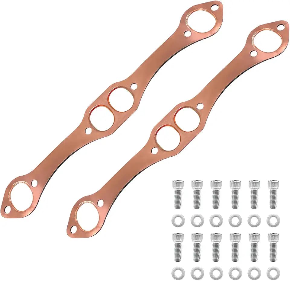 SBC Header Gaskets with Bolts, Oval Port Copper Exhaust Manifold Gaskets & Stainless Steel Exhaust Header Kit 3/8 Bolts for SBC Chevy 283 305 327 350 383 400 Small Blocks V8 Engine
