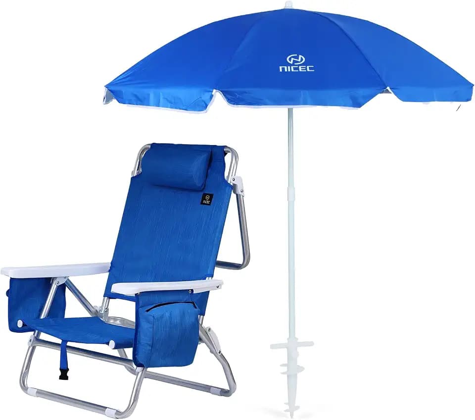 Nice C Backpack Reclining Beach Chair with Umbrella (1 Pack Blue)