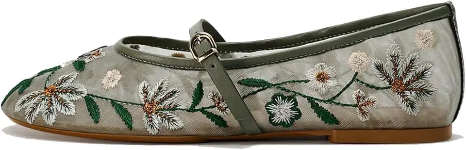 MRKEWUNEY Mesh Ballet Flats for Women Embroidered Floral Round Toe Mary Jane