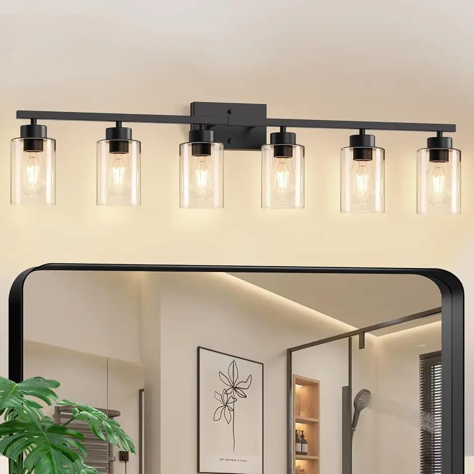 IZORRO Bathroom Light Fixtures, Modern Vanity Lights, Bathroom Lighting Fixtures Over Mirror with Clear Glass Shade, Wall Sconce for Living Room Cabinet Bedroom (Matte Black, 6-Light)