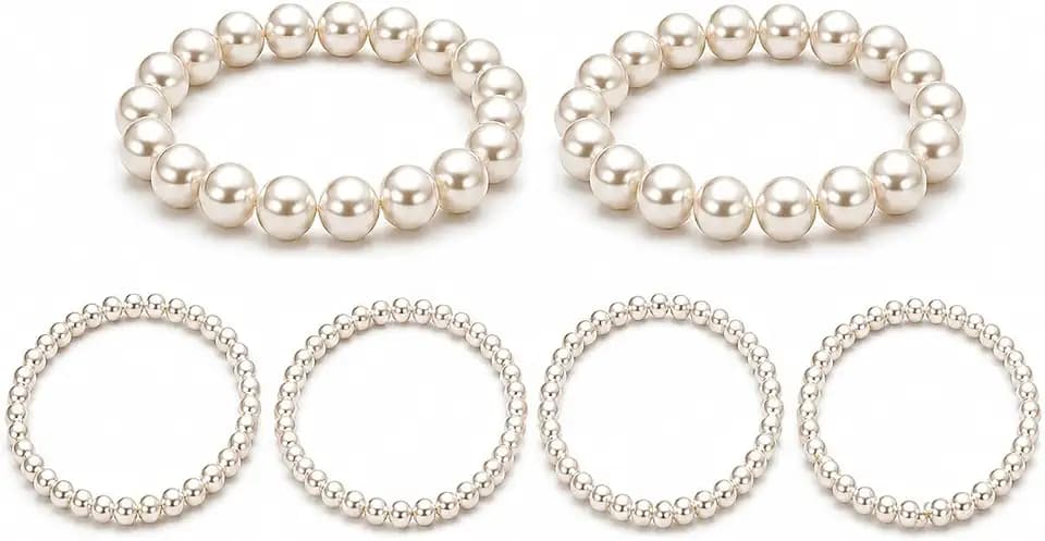 6-teiliges Perlenarmband-Set, weiße Perlenarmbänder für Frauen, handgefertigte runde Perlen-Stretch-Armbänder