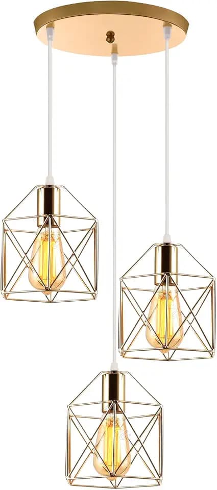 3 flammig Pendelleuchte Industrielle Vintag Hängeleuchte E27 Deckenleuchter mit Sechseck Design Lampe aus Eisen Käfig Lampenschirm für Wohnzimmer Esstisch Küche (Kupfer-mit runden Basis)