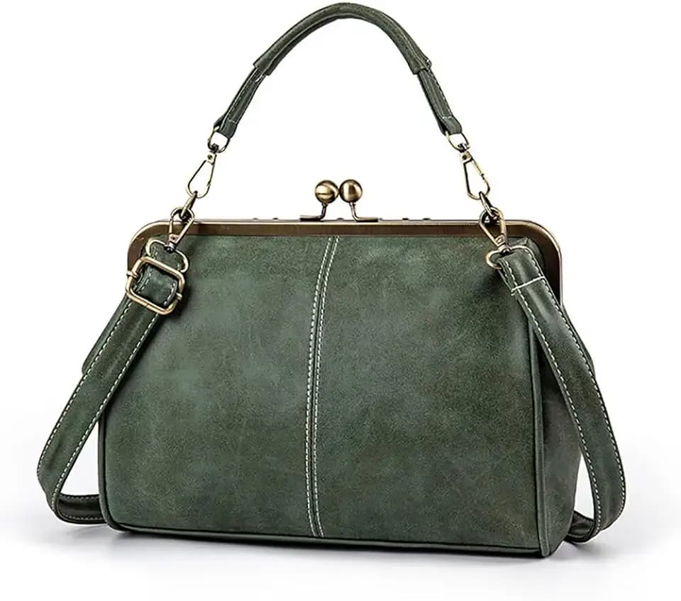 Handbag for Women Leather Shoulder Bag Kiss Lock Top Handle Satchel Purse Vintage Crossbody Bag Evening Clutch Purses