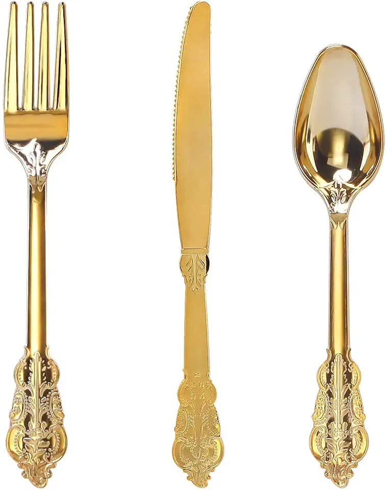 WDF 300 Pieces Gold Plastic Silverware Disposable - Heavy Duty Plastic Cutlery - Gold Silverware Sets Includes 100 Forks, 100 Spoons, 100 Knives for Baby Shower/Wedding/Birthday/Thanksgiving Party