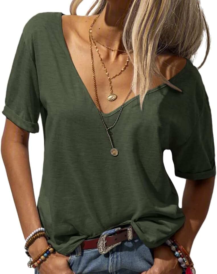 Danedvi Women Deep V-Neck Short Sleeve Tops Solid Casual Loose T Shirt