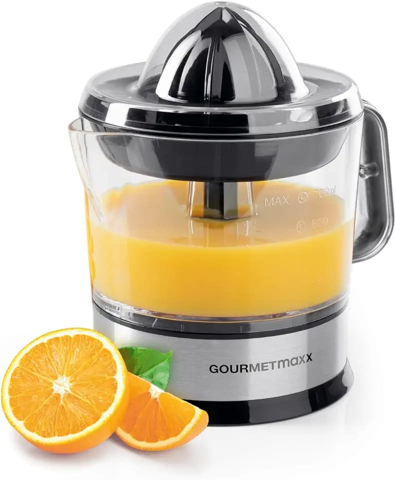 GOURMETmaxx elektrischer Entsafter für Zitrusfrüchte & Orangensaft | Saftpresse bis 700 ml Füllvolumen | Zitruspresse mit verschiedenen Zubehör für frischesten Geschmack | 40 W [transparent/silber]