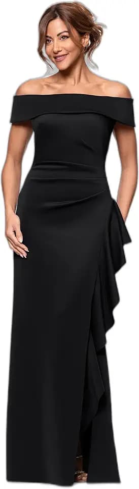Betsy & Adam Women's Long Tech Scuba Off-the-Shoulder Ruffle Dress