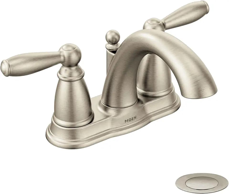 Moen Brantford Brushed Nickel Two-Handle Low-Arc Traditional Centerset Bathroom Faucet with Drain Assembly, 6610BN