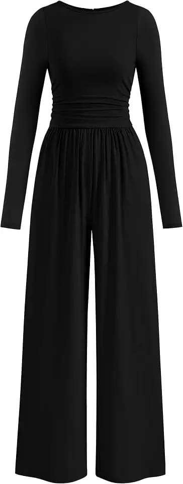 PRETTYGARDEN Long Sleeve Jumpsuits for Women Dressy Casual Wide Leg Rompers