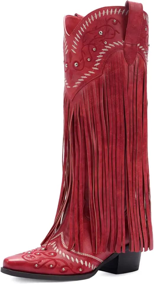 Modatope Fringe Cowboy Boots for Women Knee High Cowgirl Boots