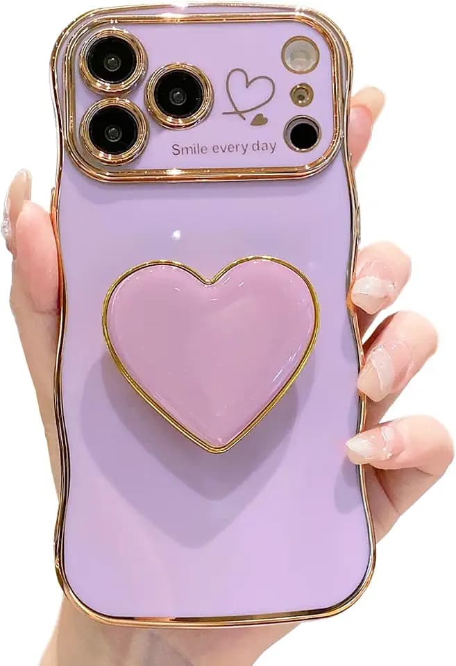 Compatible with Cute iPhone 17 Pro Max case 6.9'', Purple Wave Frame Shape Phone Case with Love-Heart Kickstand Raised Camera Protection Luxury Plating Shockproof TPU Protective Cover for Women Girls