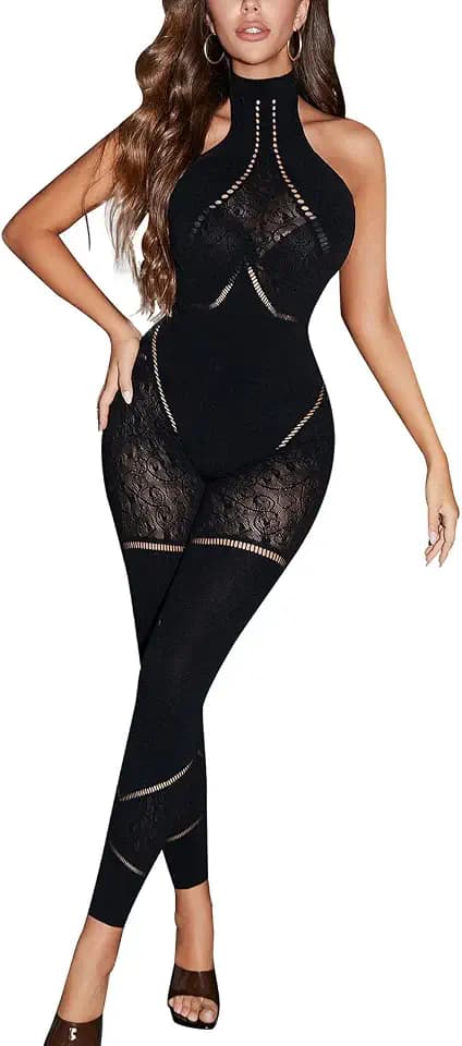 AVZXSA Womens Sexy Mock Neck Halter Mesh Seamless Jumpsuit